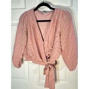 Shero Womens Wrap Blouse Top Pink Long Sleeve Tie Front M‎ Medium